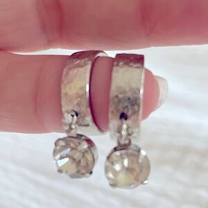 Vintage Screw Back Silver Hoop Earrings with Crystal Drops and Textured Pattern.